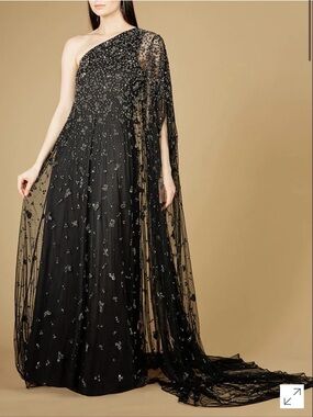 LARA Black One-Shoulder Embellished Evening Gown